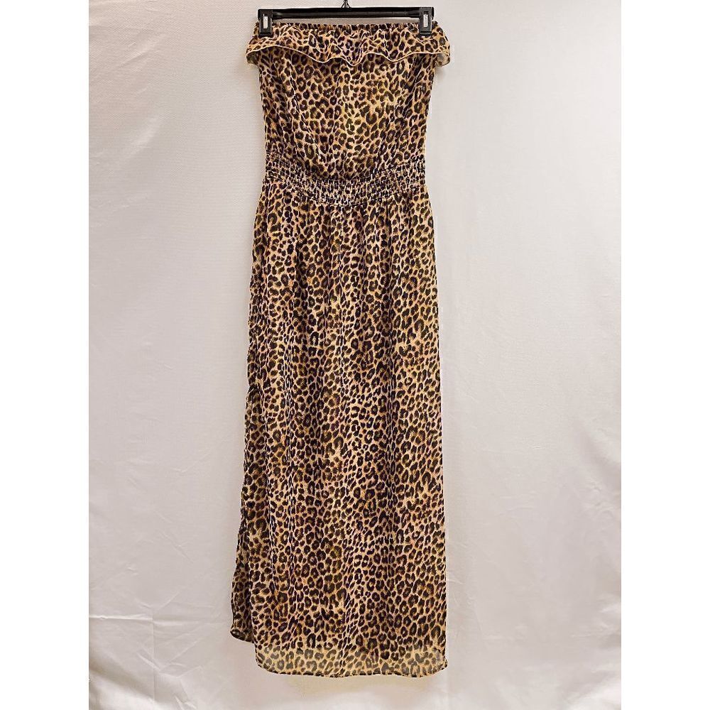 Women's Fully Lined Strapless Ruffled Maxi Dress Brown Leopard Print Size M - Picture 1 of 8